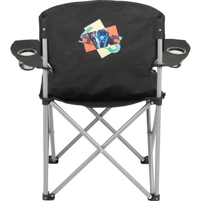An oversized folding chair in black with mesh cup holders and a colourful logo on the back.