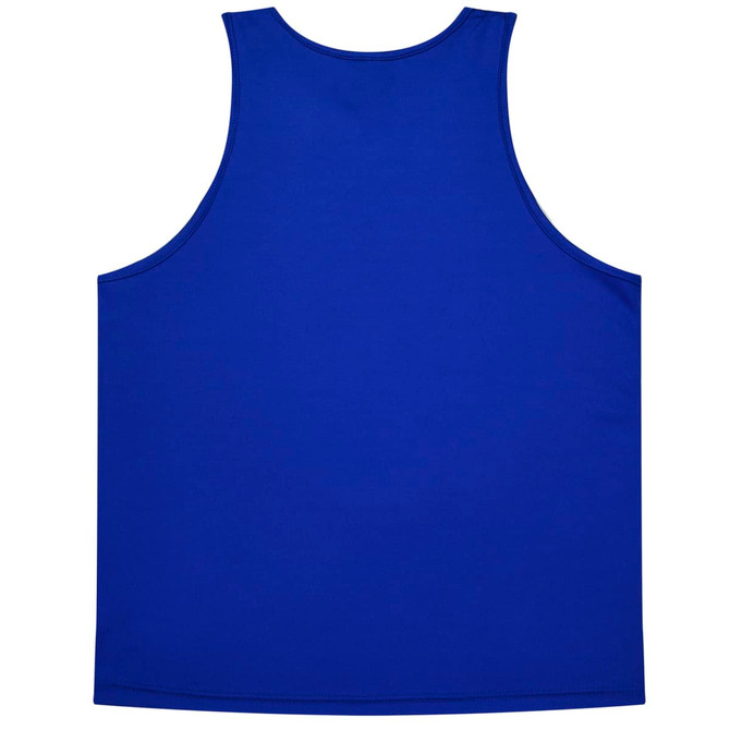 A blue singlet featuring a simple design, with a logo on the fabric.