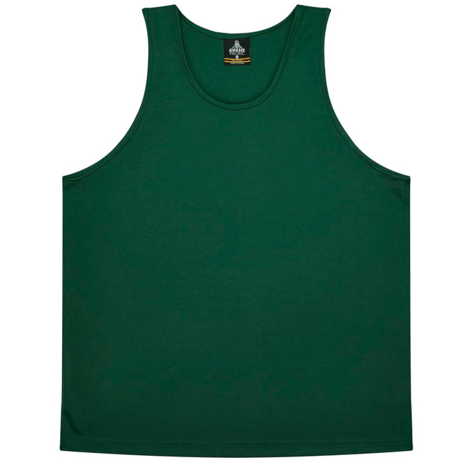 A green singlet with a round neckline, featuring a label with branding. The fabric appears smooth and casual.
