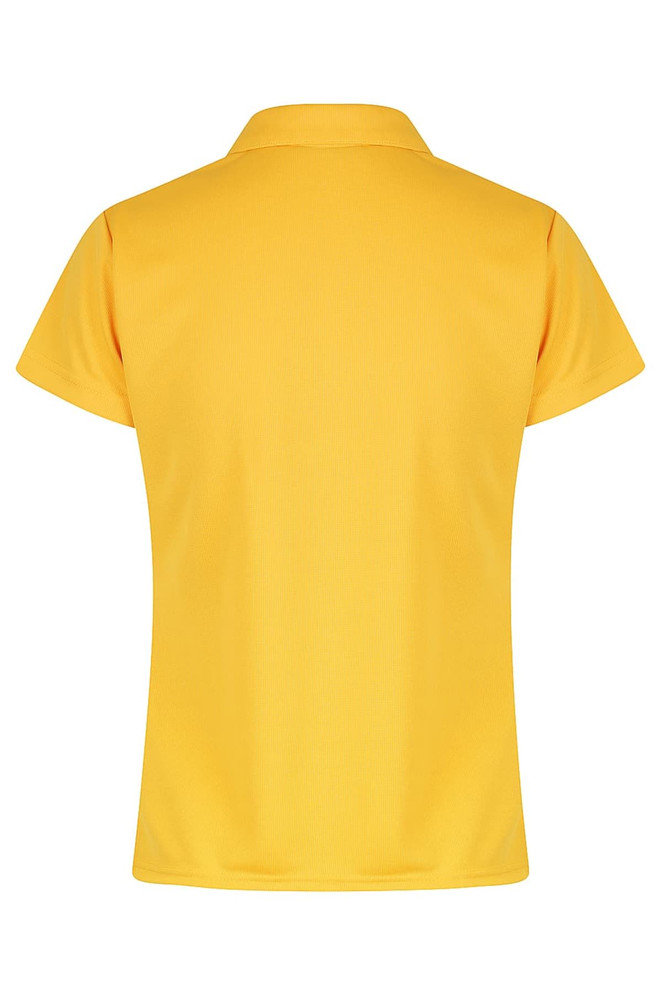 A yellow polo shirt with a collared neck and short sleeves, featuring a logo on the front.