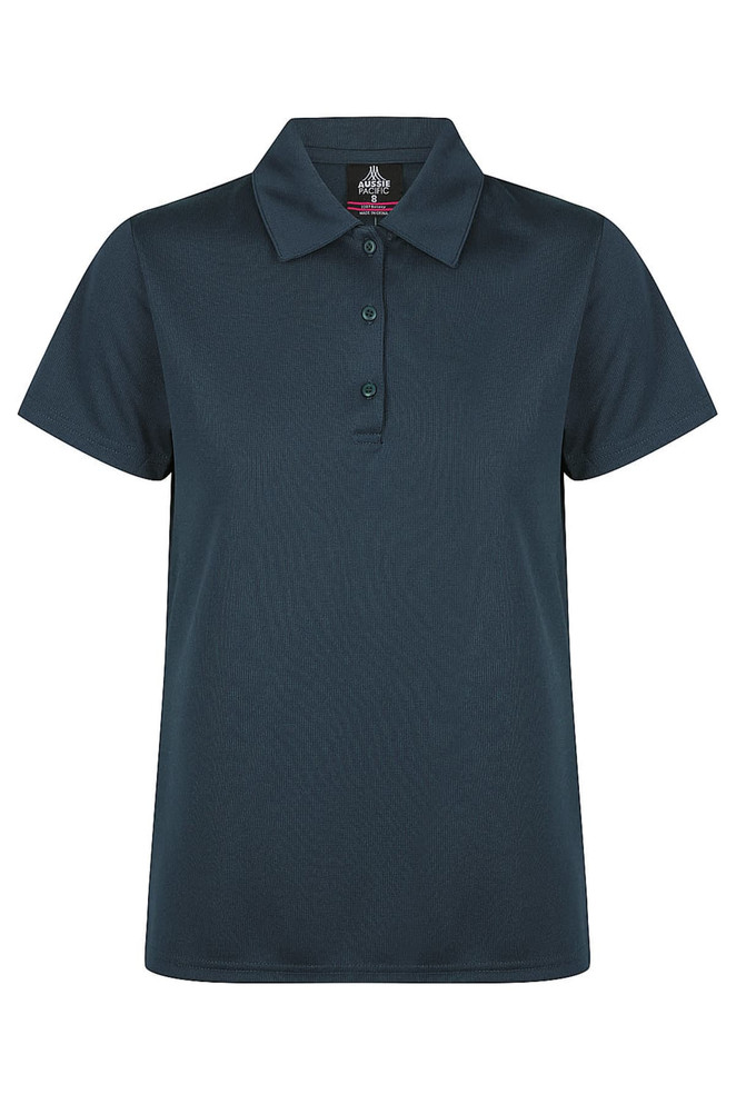 A dark green polo shirt featuring a collar and three button placket, with a logo on the label.