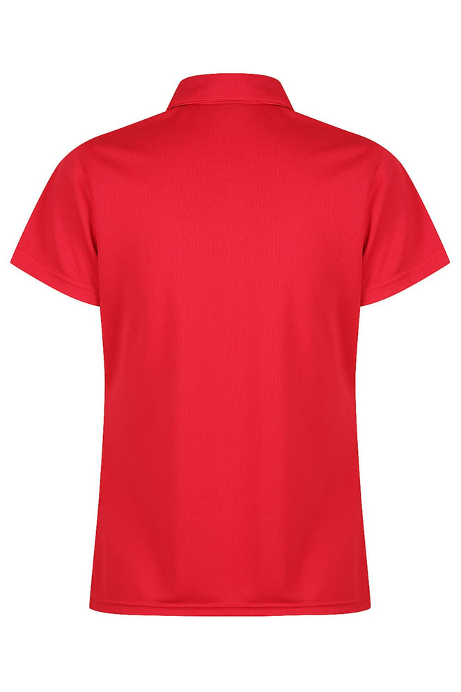 A vibrant red polo shirt featuring a classic collar and short sleeves, with a logo on the back.
