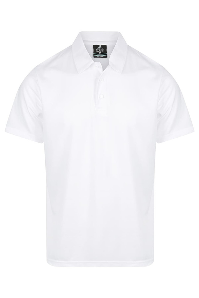 A white men's polo shirt featuring a collar and a logo. Suitable for casual or athletic wear.