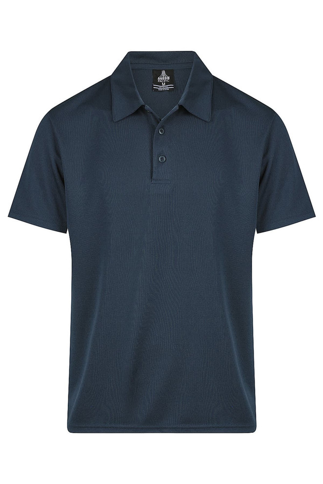 A dark navy polo shirt featuring a collar and buttons, with a logo on the upper section.