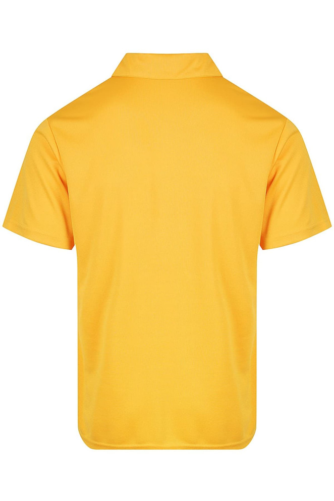 A yellow men's polo shirt, featuring a collar and short sleeves, with a back view and a logo.