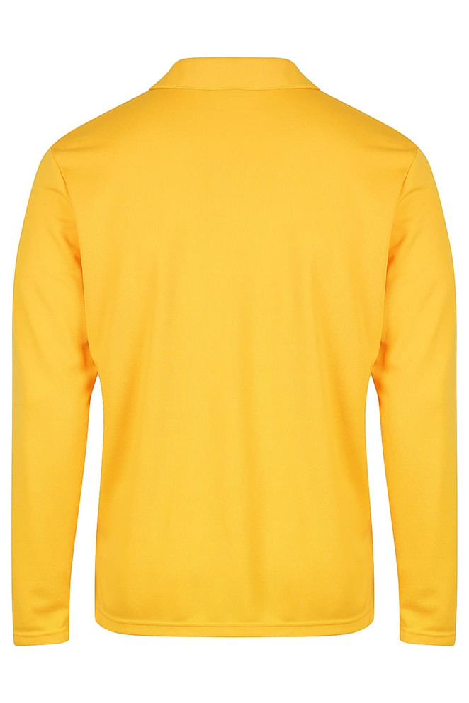 A long-sleeve yellow polo shirt with a collar and a logo on the back.