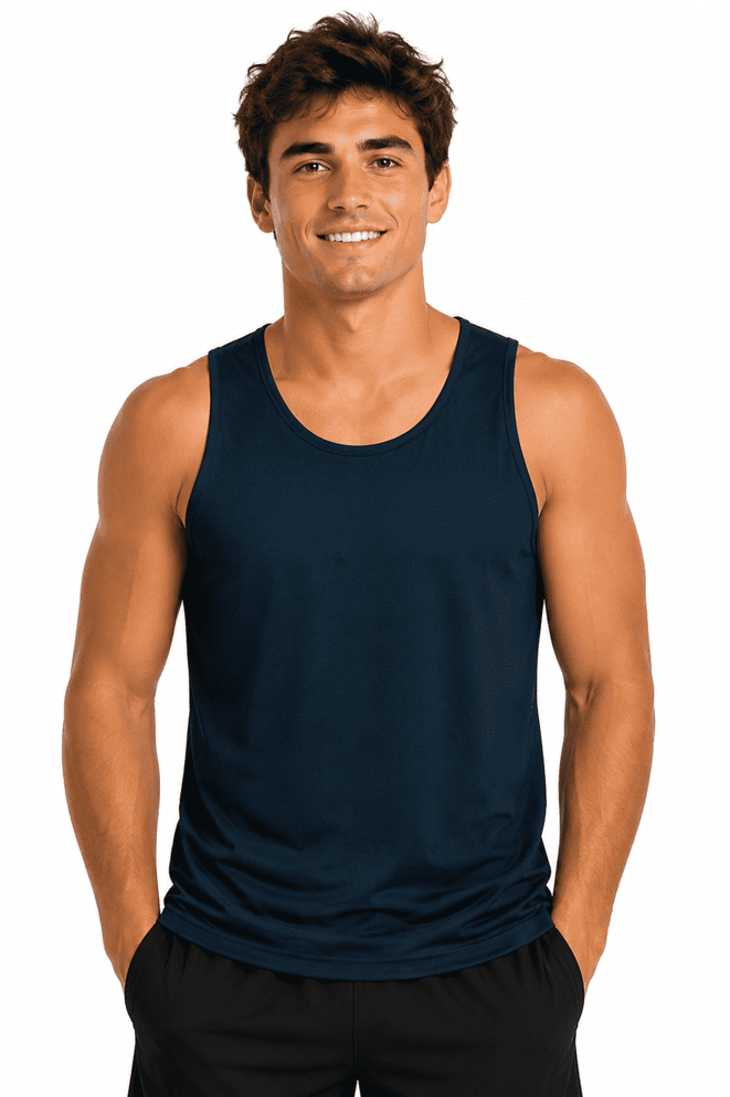 A male model wearing a navy blue singlet, showcasing a casual and comfortable design. The product features a logo.