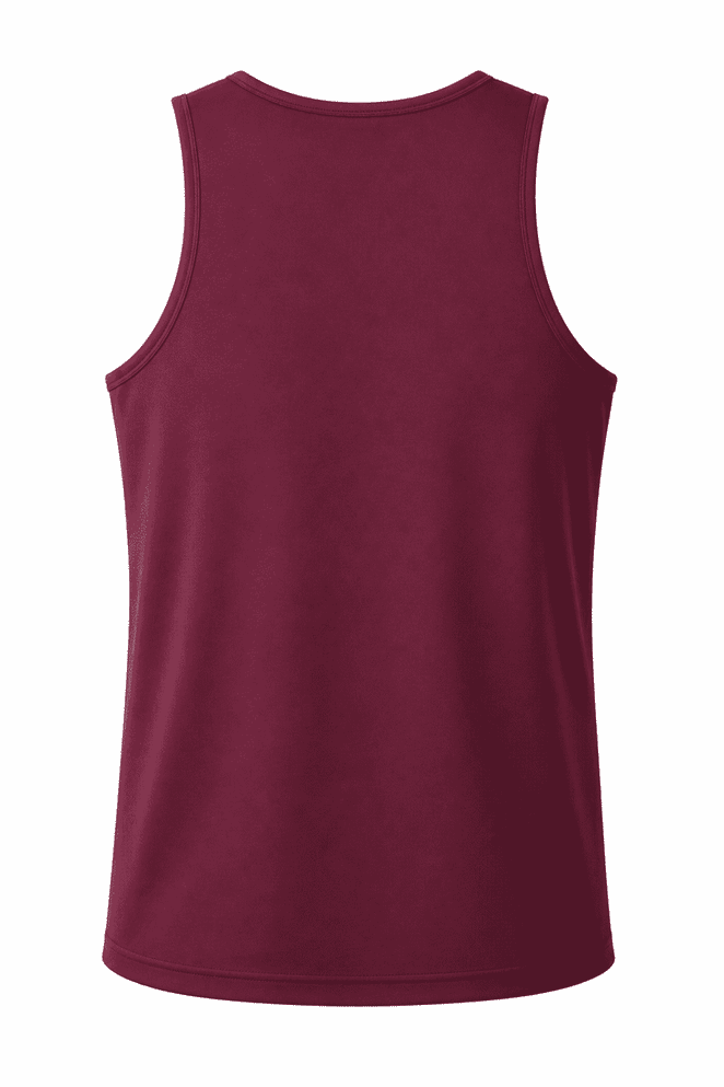 A maroon men's singlet with a plain back design, featuring a logo at the back neckline.