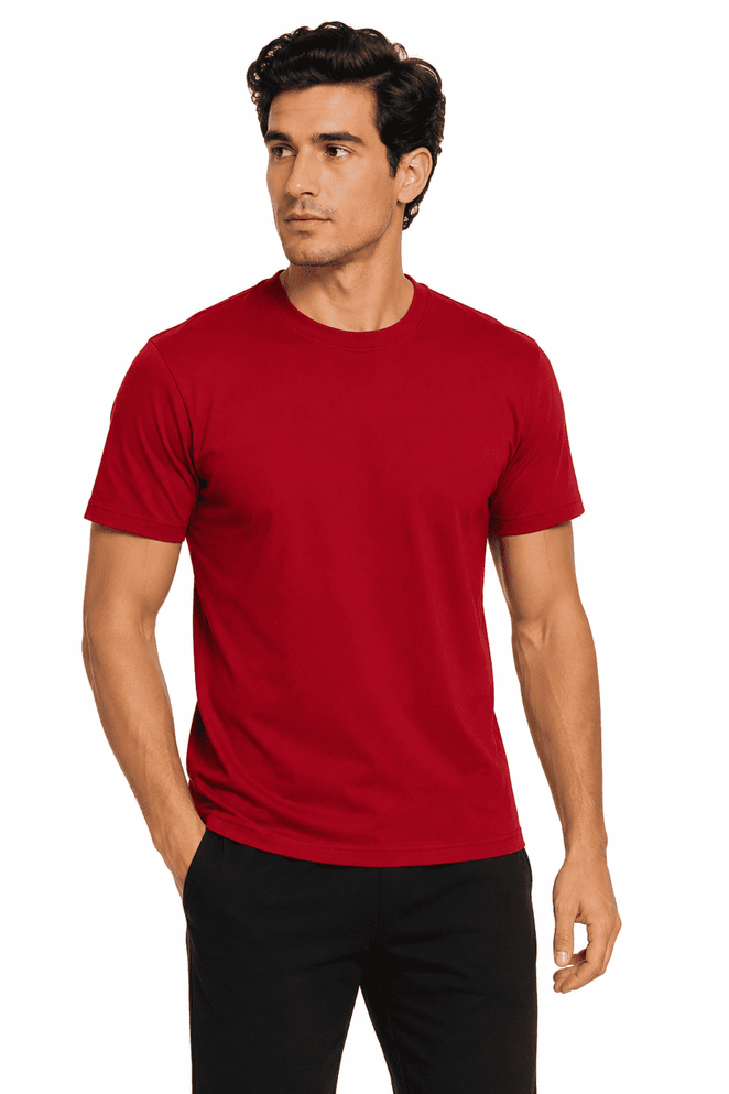 A red men's t-shirt featuring a classic crew neck design and a simple logo.
