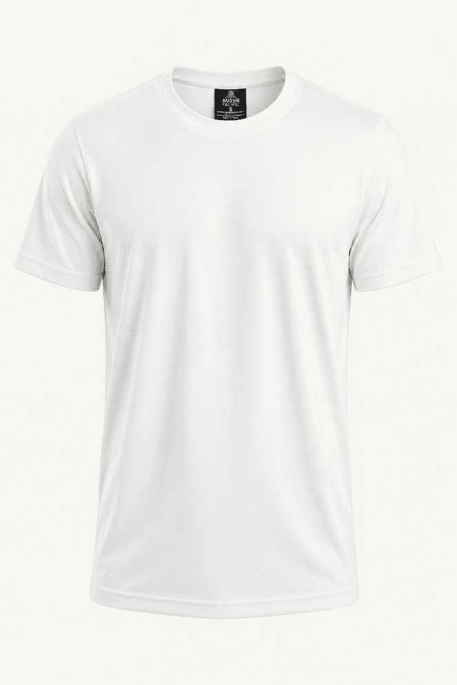 A white T-shirt with short sleeves and a branded neck label, suitable for kids.