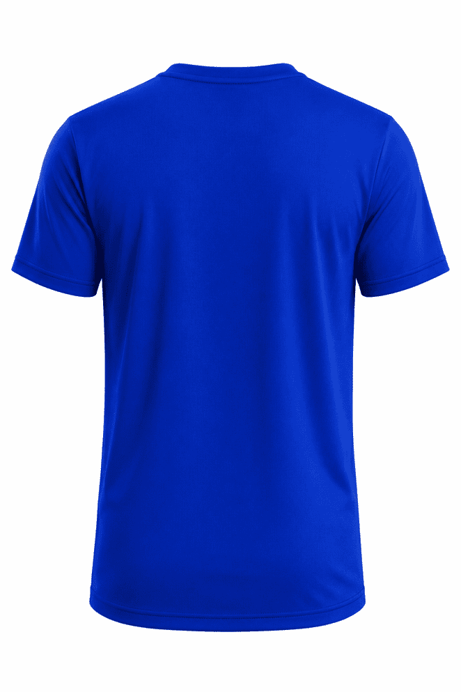 A bright blue t-shirt with a crew neck and short sleeves, featuring a branding logo on the back.