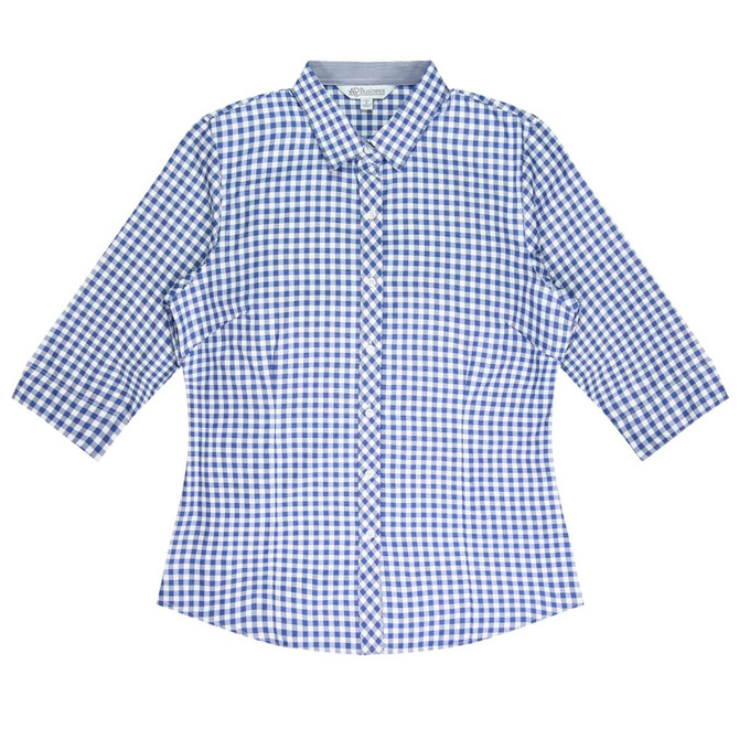 A button-up shirt featuring a blue and white gingham pattern with 3/4 sleeves and a collar. It has a logo.