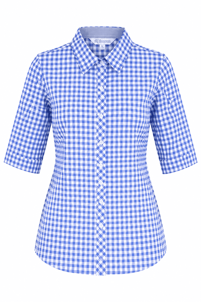 A blue and white checkered button-up shirt with 3/4 sleeves and a collar, featuring a logo.