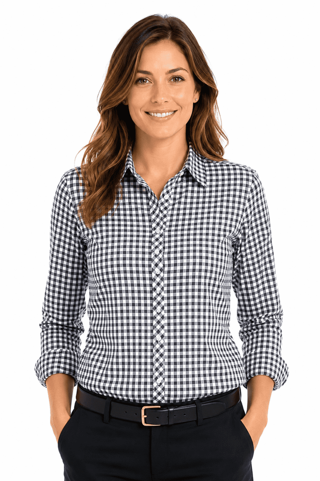 A long sleeve button-up shirt in a black and white checked pattern, featuring a logo on the chest.