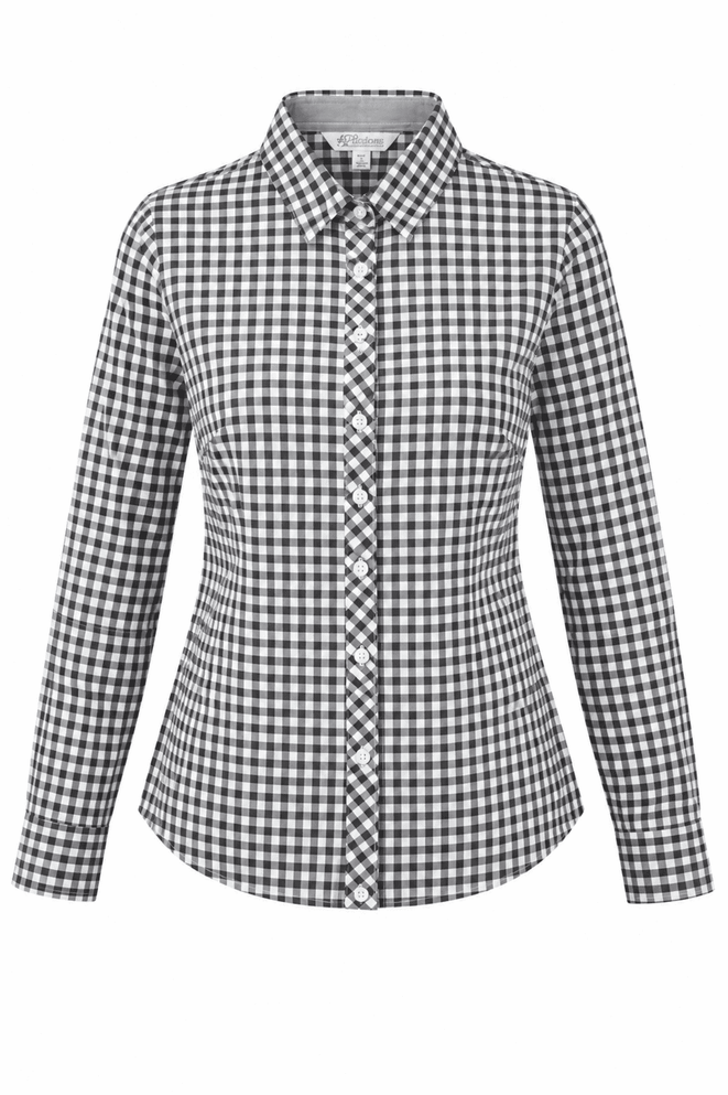 A long-sleeve button-up shirt in black and white gingham check pattern, featuring a collar and a branded logo.
