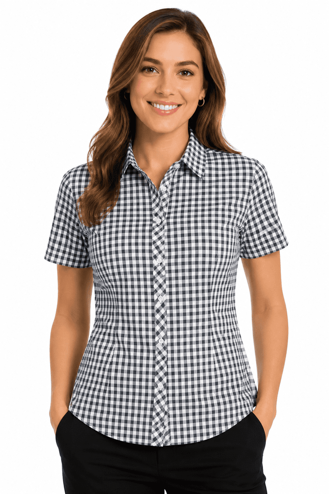 A short sleeve button-up shirt in a black and white gingham pattern, featuring a fitted design and a logo.
