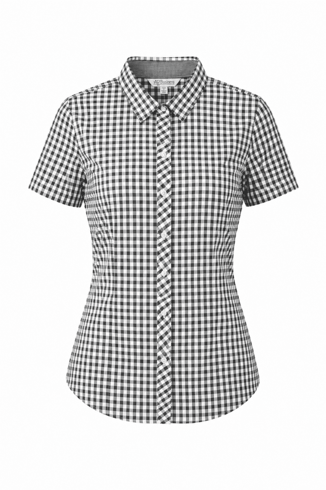 A short-sleeve shirt featuring a classic black and white check pattern with a buttoned front, and a logo.