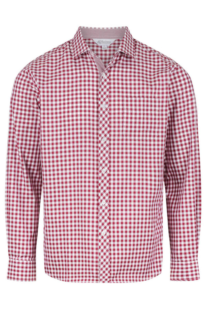 A long sleeve button-up shirt in red and white gingham check, featuring a branded logo.