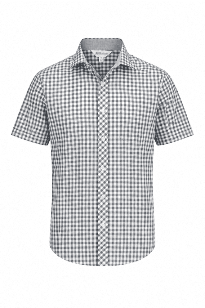 A short sleeve button-up shirt in a black and white gingham pattern with a logo on the collar.