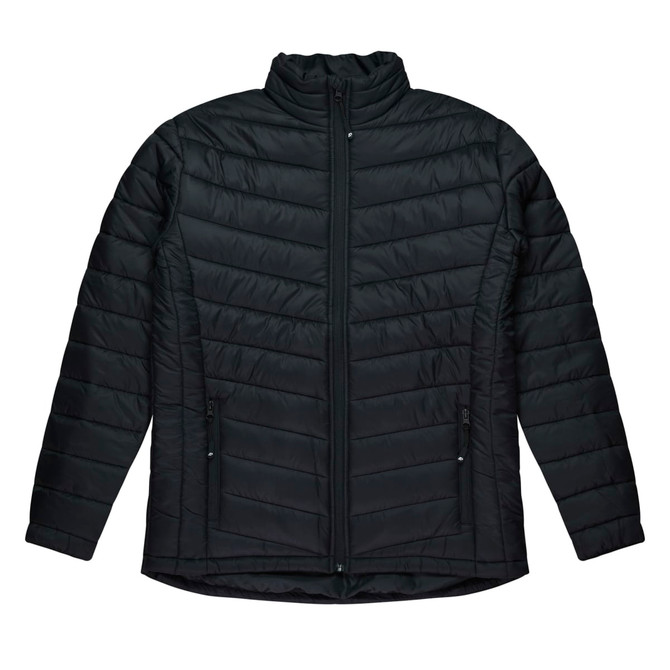 A black, padded jacket with a zip front and two side pockets; features a high collar and a sleek design.