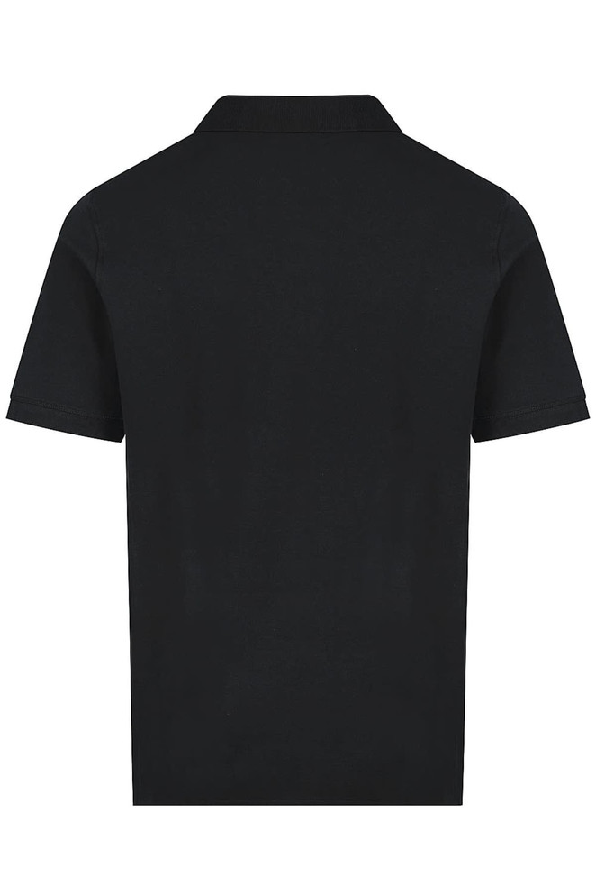 A black polo shirt displaying a simple, classic design with a collar and short sleeves. It features a logo.