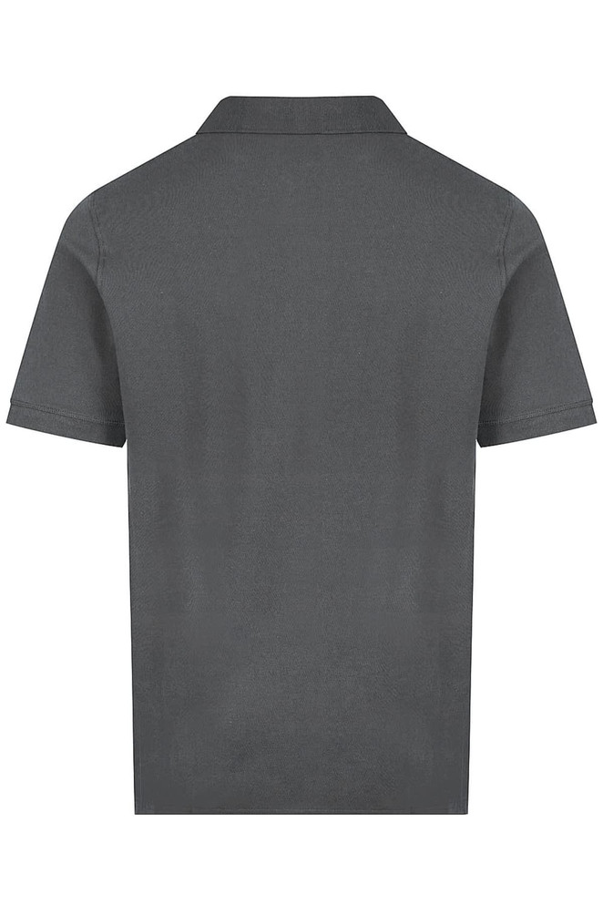 A grey polo shirt with short sleeves and a collar, featuring a logo on the back.
