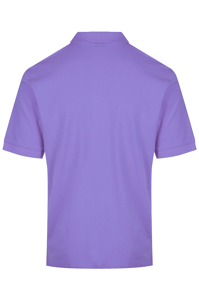 A purple polo shirt featuring a collar and short sleeves, with a logo on the back.