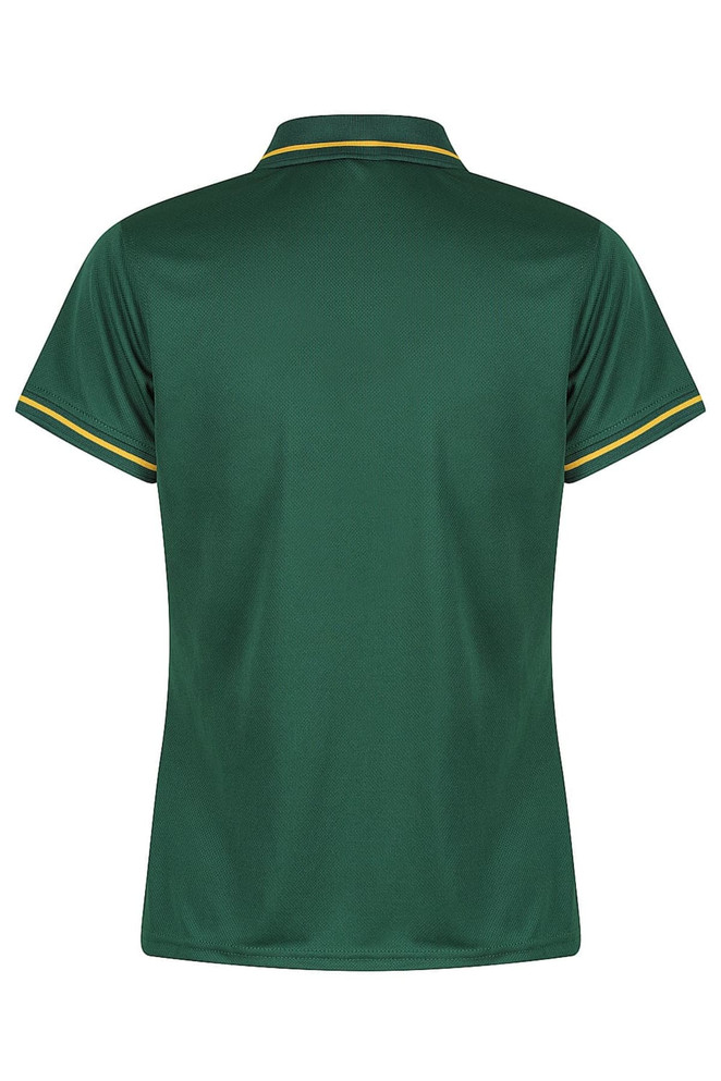 A back view of a green polo shirt with yellow accents and a logo on the upper side.