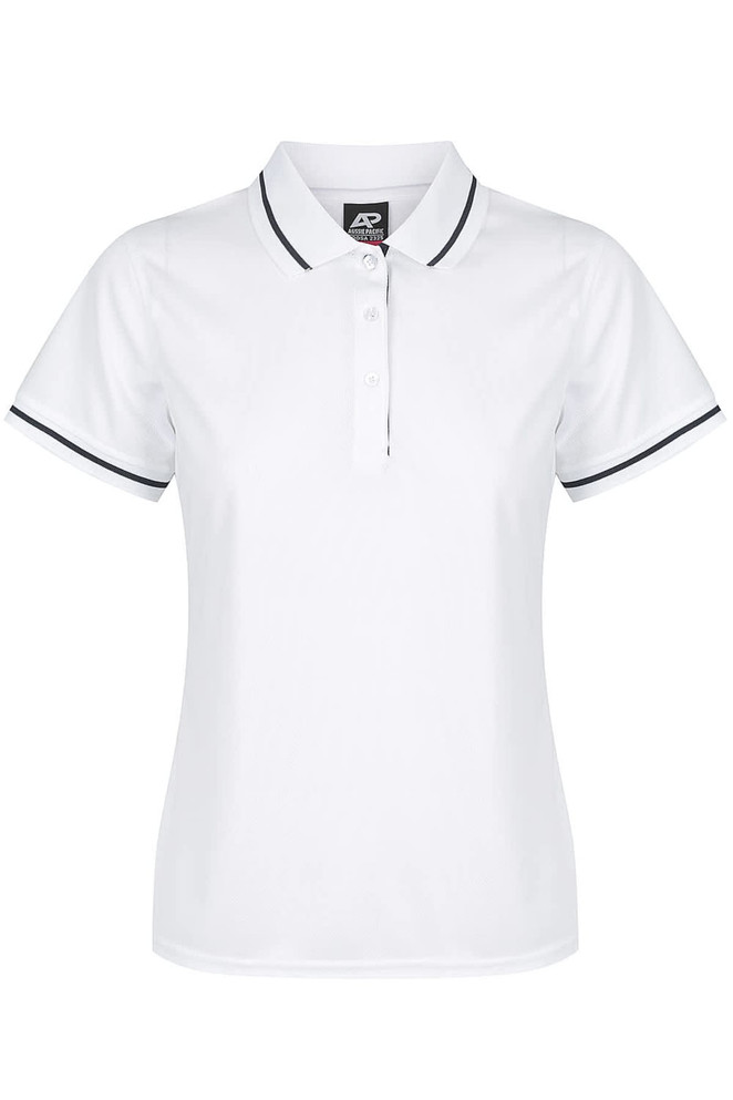 A white polo shirt with a collar and contrasting trim, featuring a logo on the chest.
