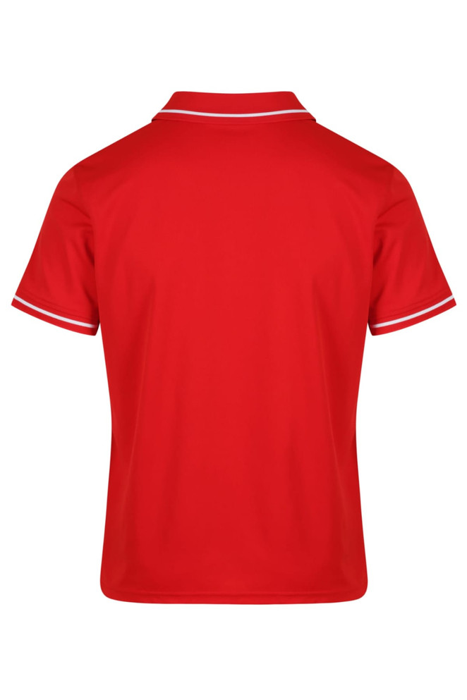 A red polo shirt featuring white trim, showcasing a back view. The shirt has a collar and short sleeves.