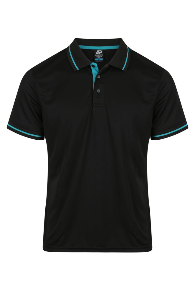 A black polo shirt with teal accents and a collar. It features a logo on the upper side.