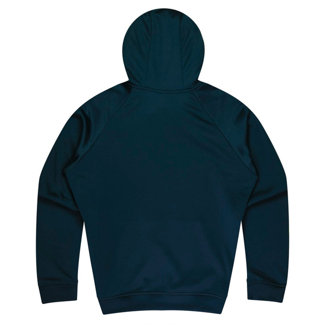 A navy blue hoodie featuring a hood and a minimalist design, with a visible logo on the back.