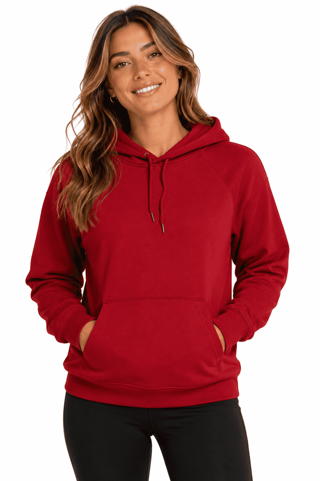 A red hoodie featuring a front pocket, drawstring hood, and a branding logo on the front.