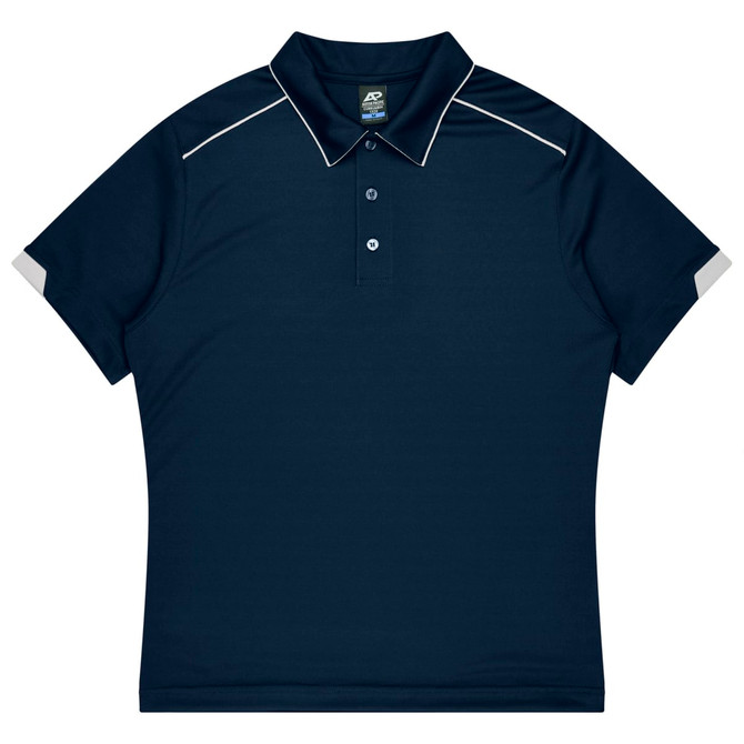 A navy sports polo featuring a collar, buttons, and grey accents on the sleeves. It has a logo on the chest.