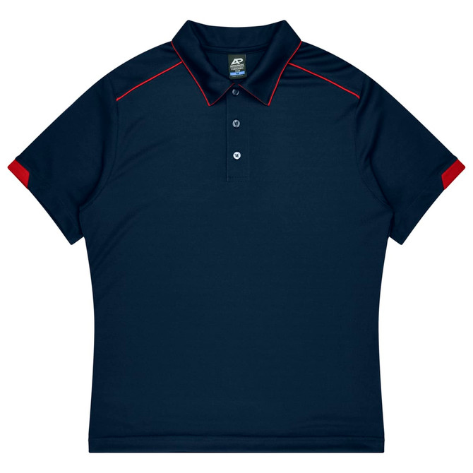 A navy blue polo shirt with red accents and a collar. It features a logo on the chest area.