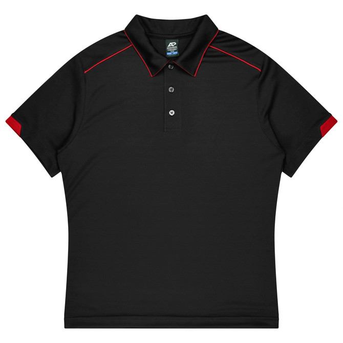 A black polo shirt with red accents, featuring a collar and buttons. It includes a logo on the chest area.