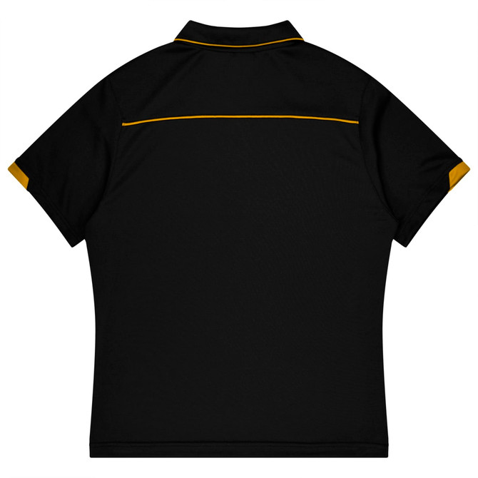 A black polo shirt featuring a yellow accent at the collar and sleeves, with a logo on the back.