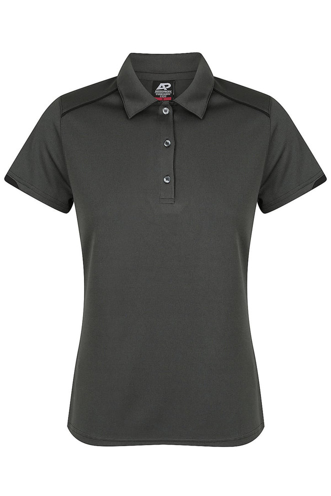 A dark green polo shirt featuring a collar, three buttons, and a logo on the chest.