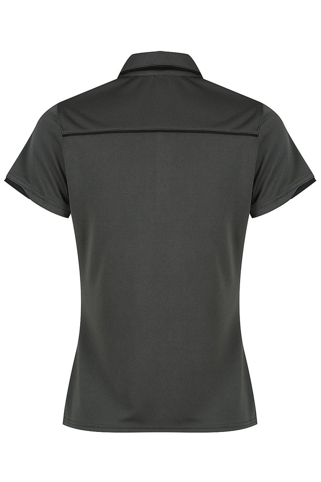 A dark green polo shirt with a collared neck and short sleeves, featuring a logo on the back.