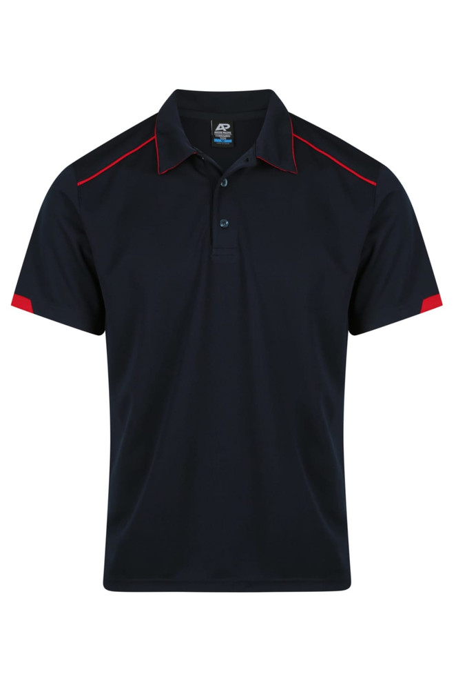 A navy polo shirt featuring red accents and a collar, with a logo on the chest.