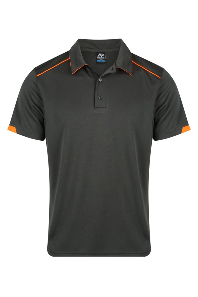 A dark grey polo shirt with orange accents and a logo on the chest. Features a classic collar and short sleeves.