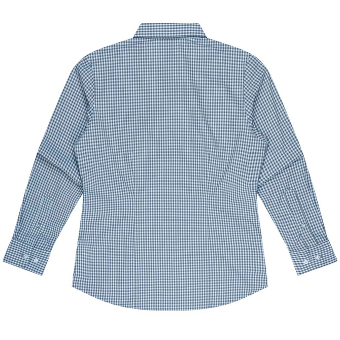 A long sleeve button-up shirt in a blue and white checkered pattern, featuring a collar and cuffed sleeves.