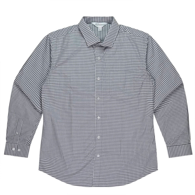 A long sleeve button-up shirt featuring a checkered pattern in shades of black and white. It has a collar and cuffs.