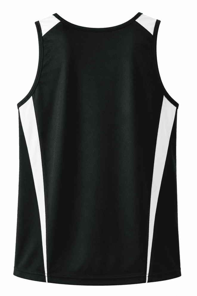A black singlet featuring white side panels and a small logo. Suitable for men's casual wear or sports activities.