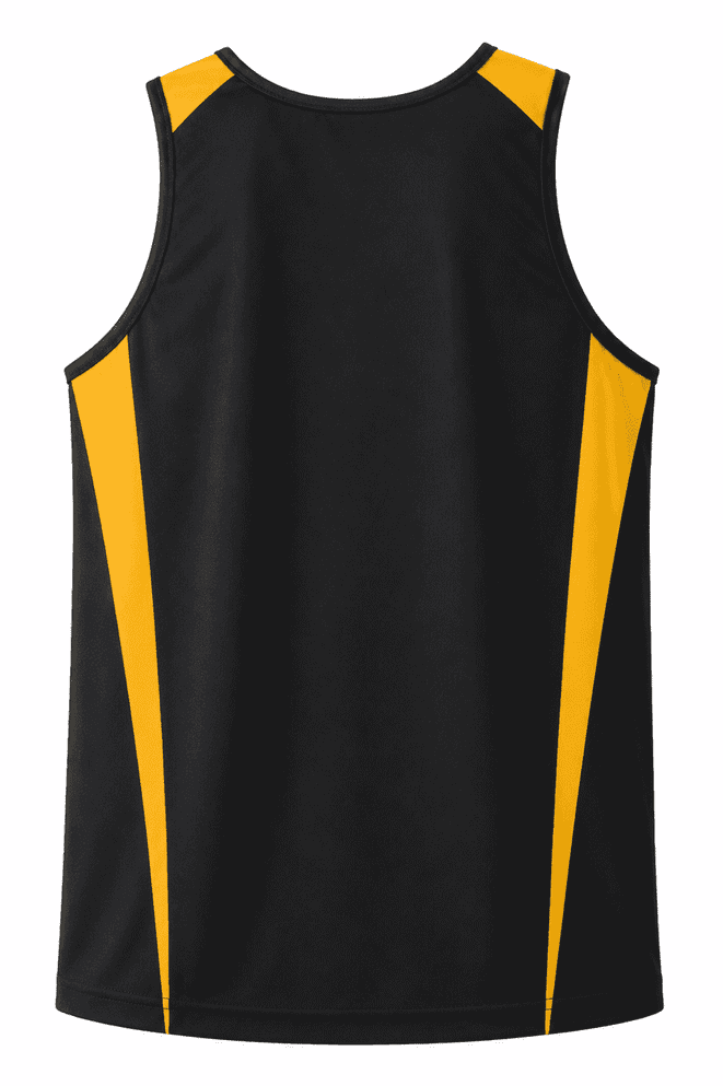 A black men's singlet with yellow side stripes and a logo on the back.