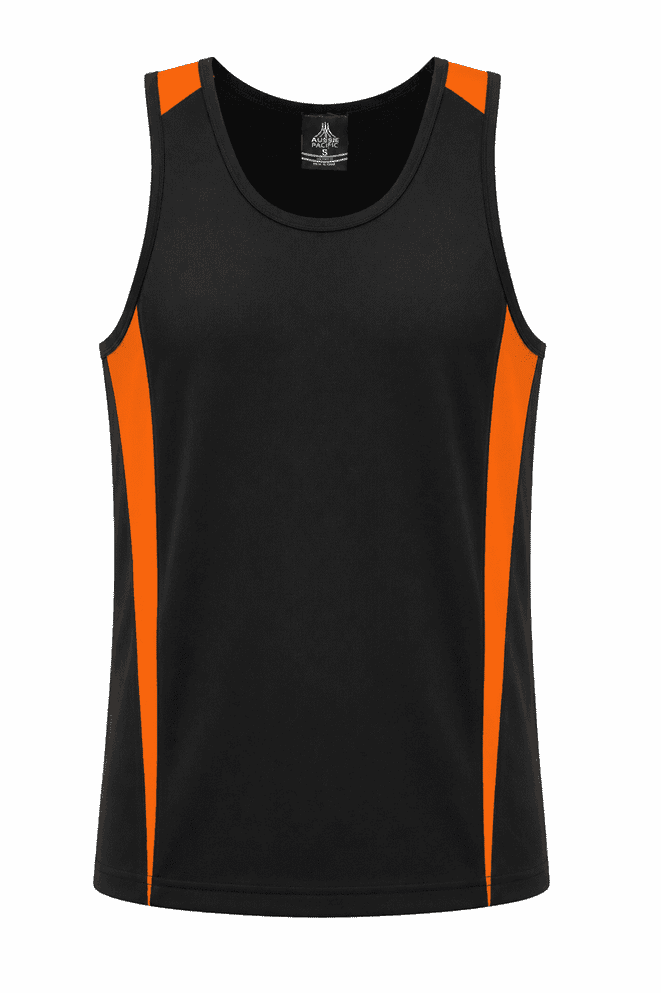 A black singlet with orange side panels and a logo at the neckline. Suitable for casual wear or sports.