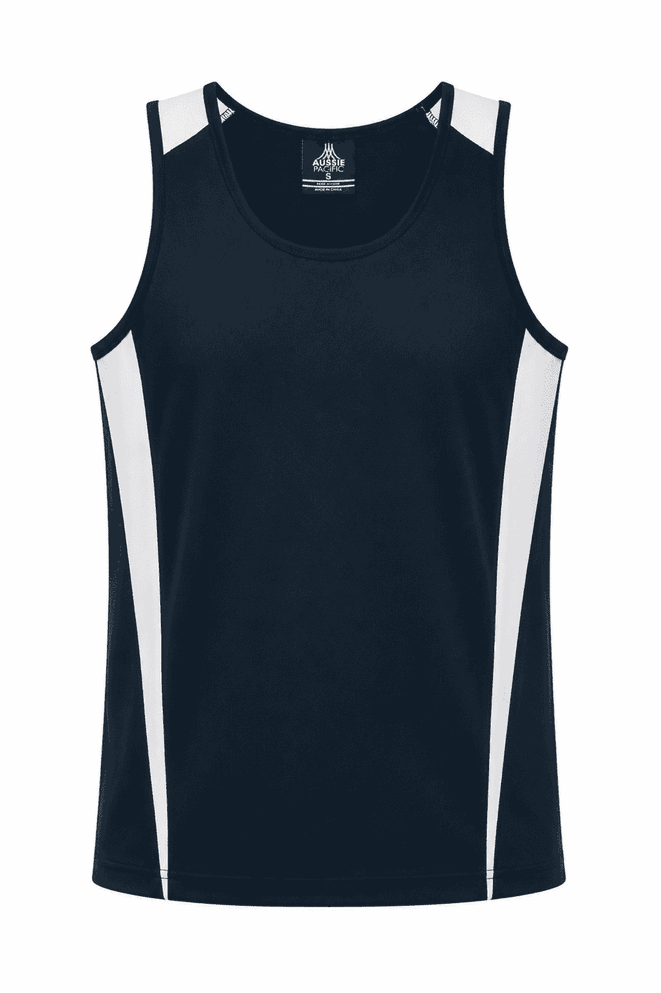 A black singlet featuring white side panels and a logo on the upper back. Suitable for casual wear or sports.