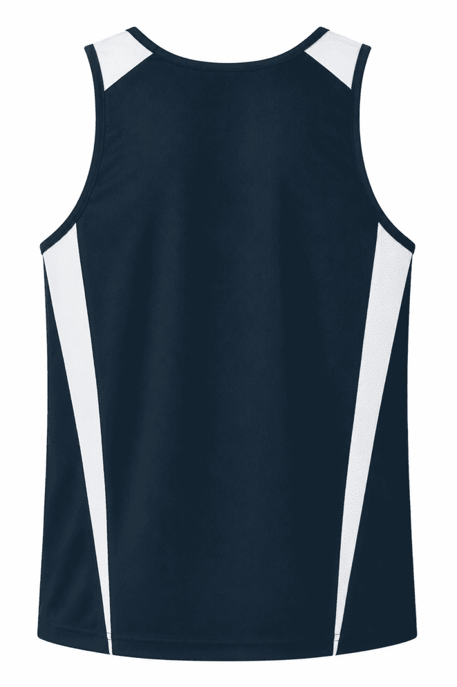 A navy blue singlet featuring white panels on the sides and a logo on the back.