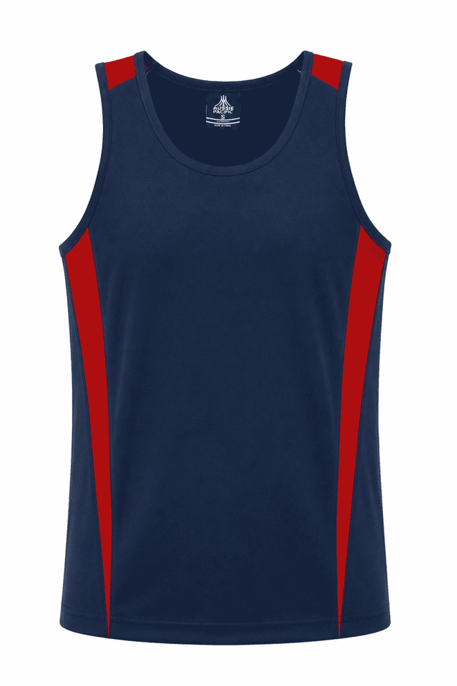 A navy blue singlet featuring red side stripes and a logo on the front.