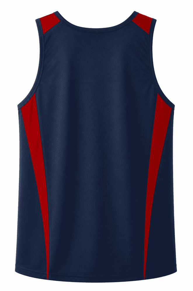 A men's singlet in navy blue with red accent panels on the shoulders. It features a logo on the back.